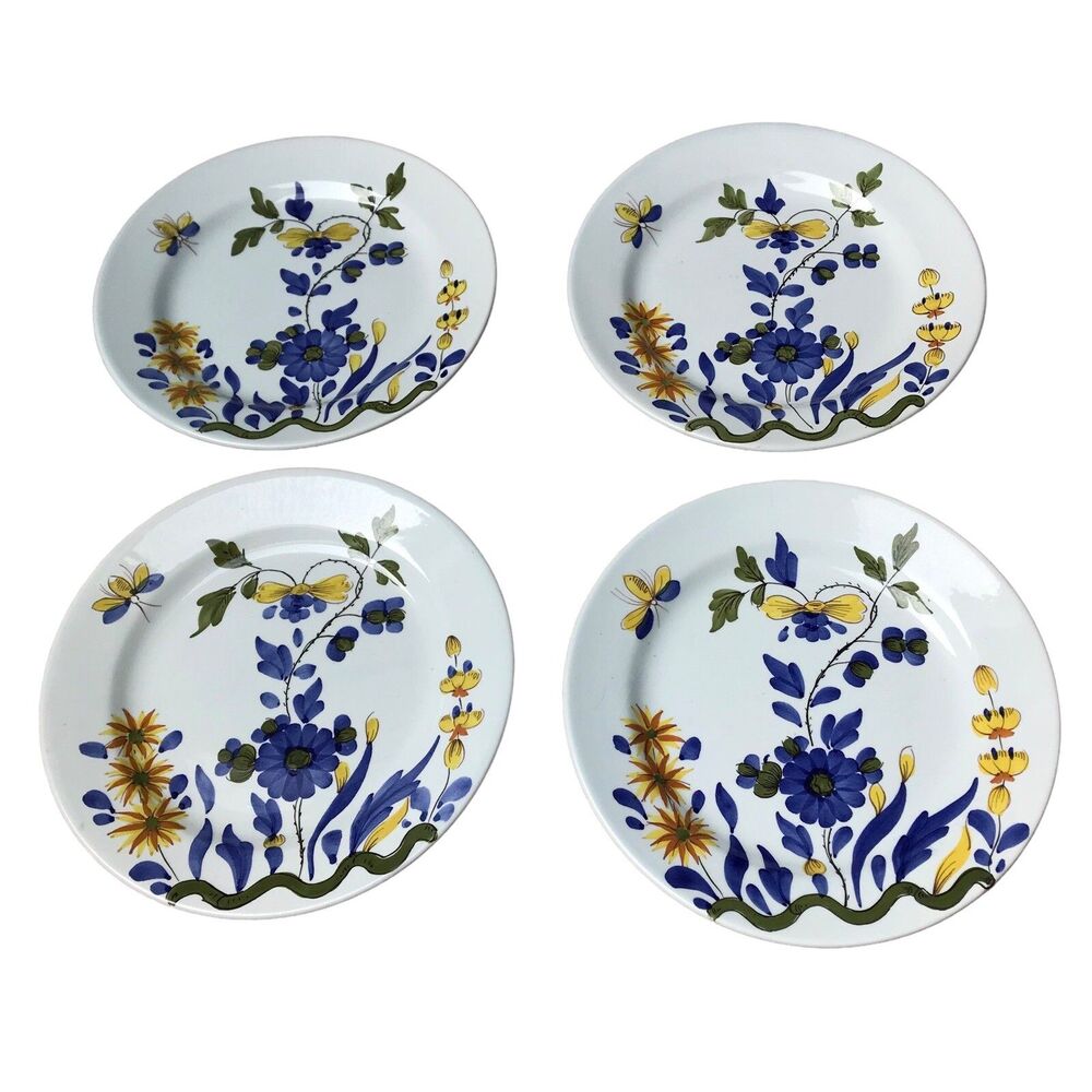 Vintage Italy 4 Hand Painted Salad / Dessert Plates Blue Yellow Floral Insect